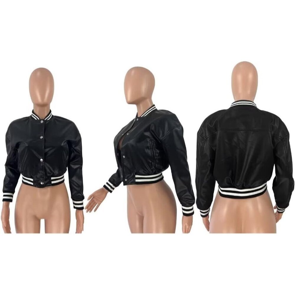 Women Blue Varsity Long Sleeve Button Down Bomber Casual Baseball Jacket - Picture 5 of 5